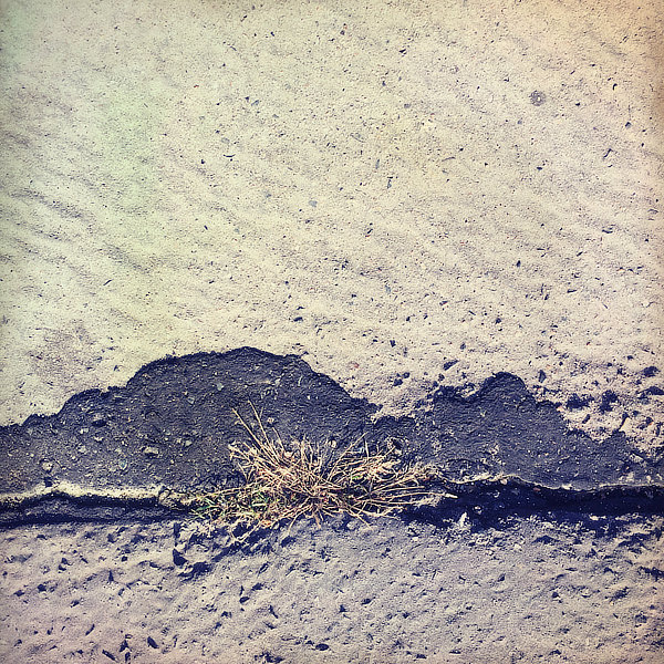 Výtvarná fotografie cyklus Krajiny imaginace. Okraj chodníku a silniční asfalt spolu s uschlým trsem trávy symbolizuje letní sucho.